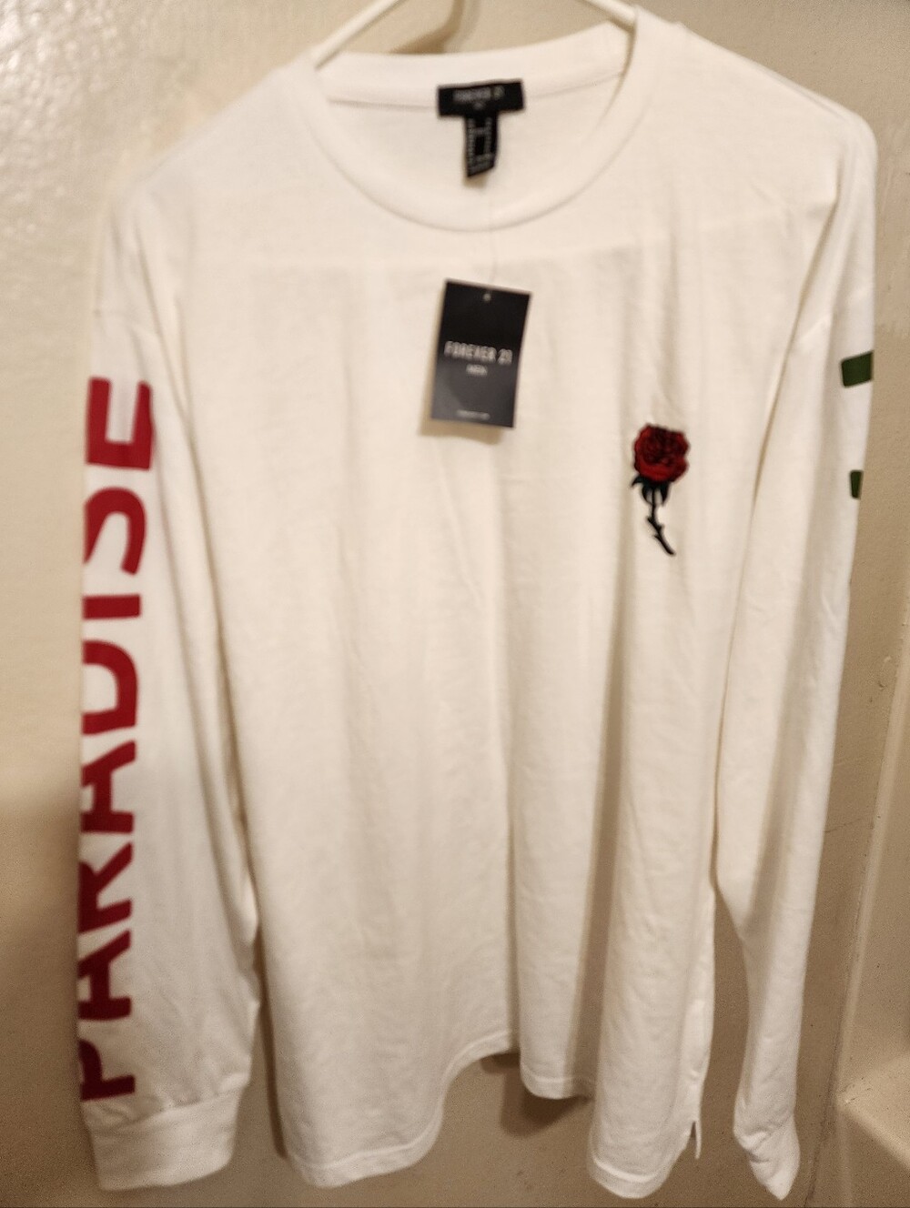 Forever 21 White Long-Sleeve Tee with Red Rose Patch and Red Sleeve Script